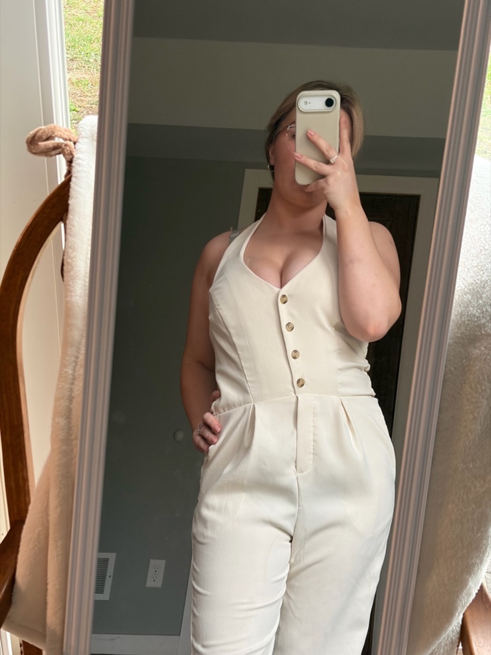 Cream Halter Jumpsuit with Button Front